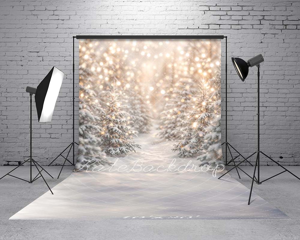 Kate Sweep Christmas Snowy Pine Trees Bokeh Lights Printed Backdrop Designed by Emetselch