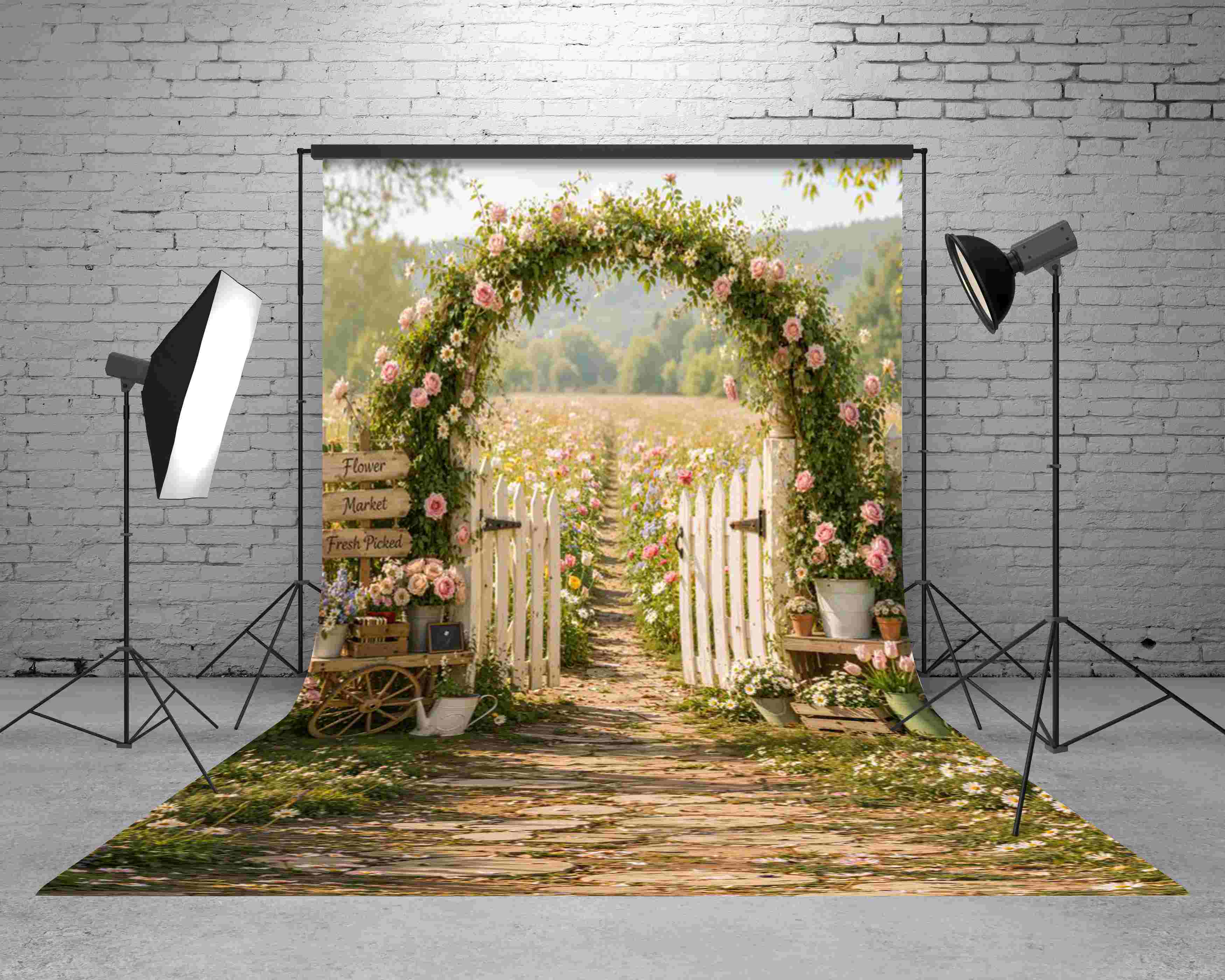 Kate Sweep Spring Flower Arch Garden Stone Pathway Field White Fence Printed Backdrop Designed by Emetselch