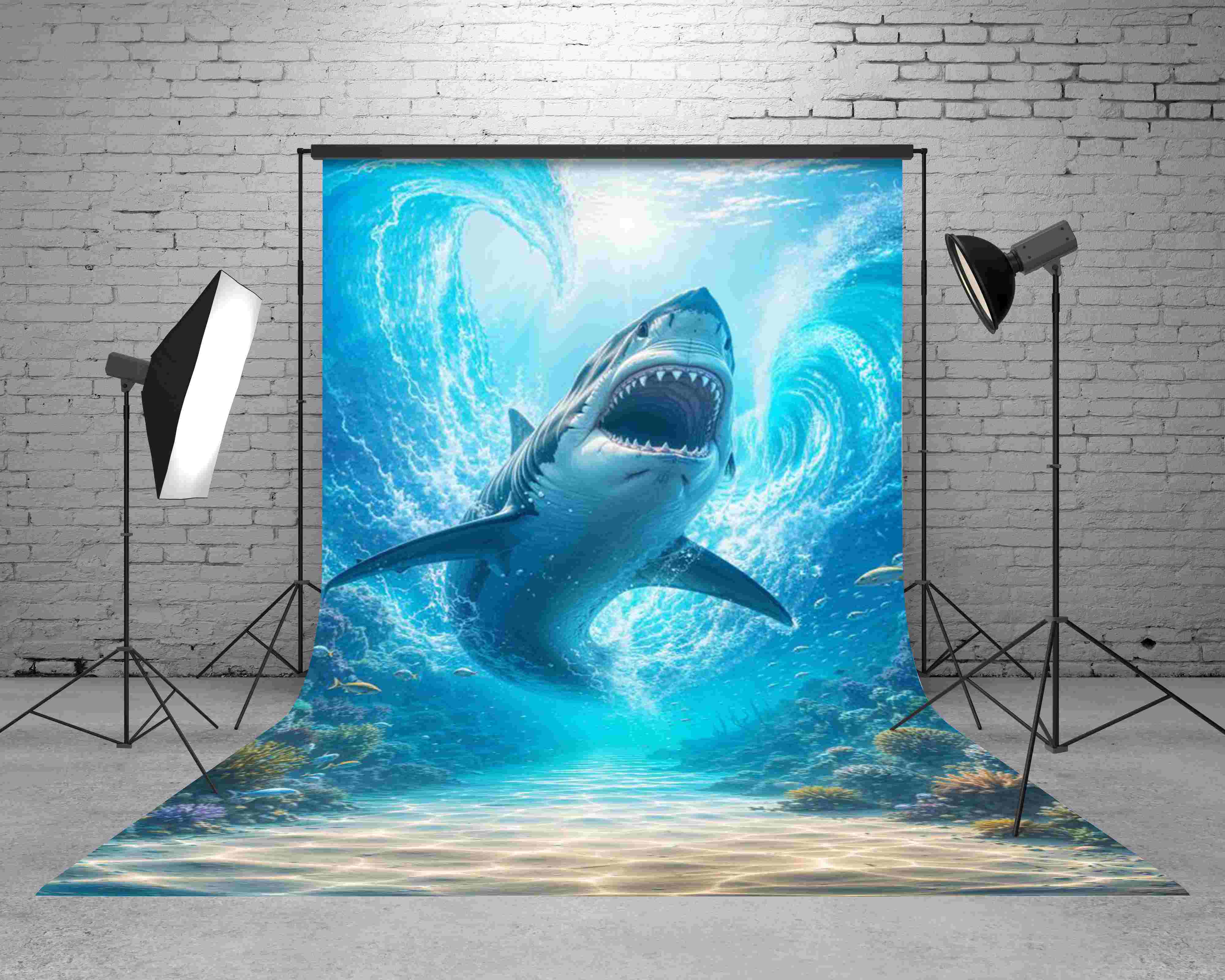 Kate Sweep Underwater Shark Coral Reef Blue Ocean Printed Backdrop Designed by Emetselch