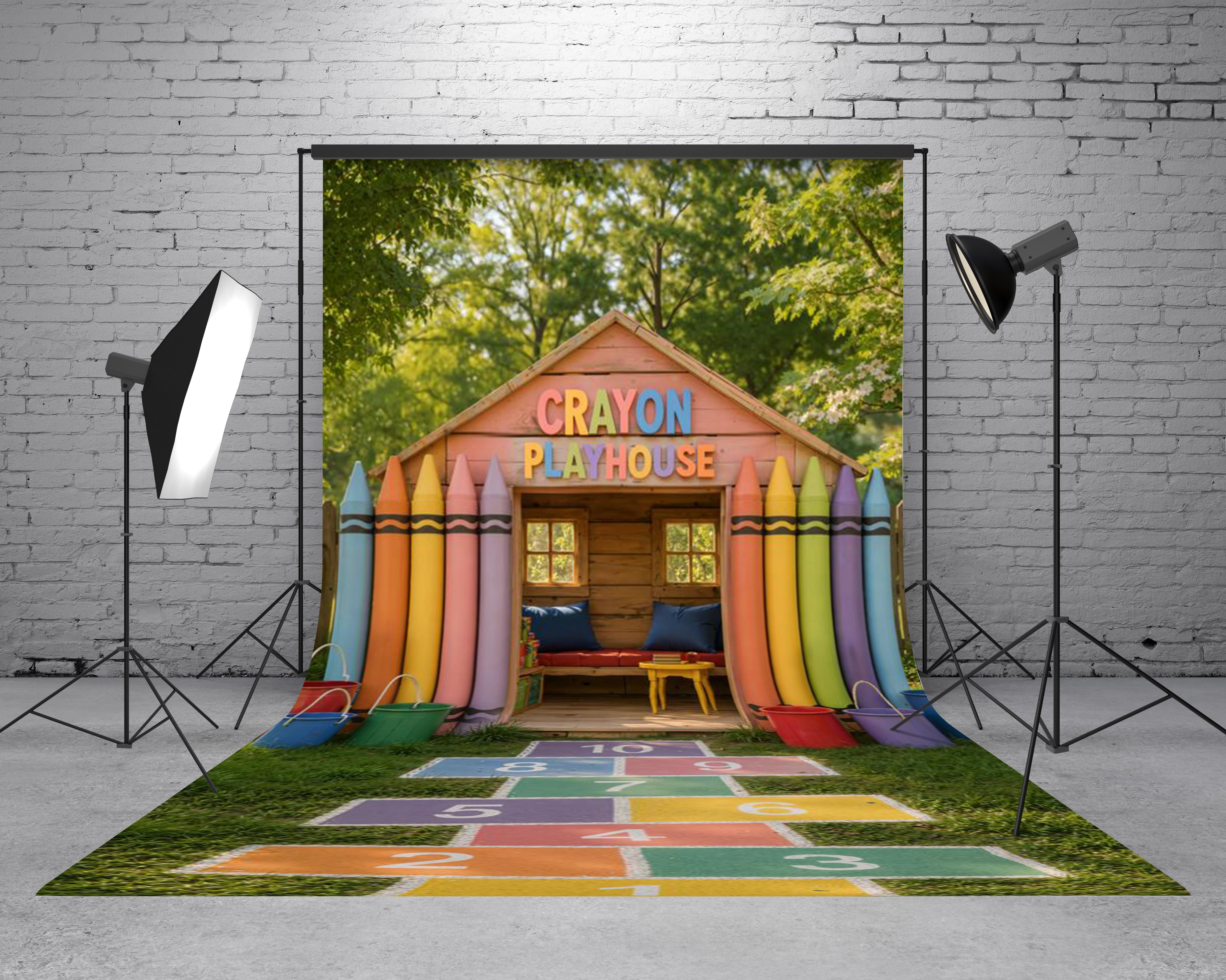 Kate Sweep School Kids Colorful Crayon Playhouse Hopscotch Printed Backdrop Designed by Emetselch