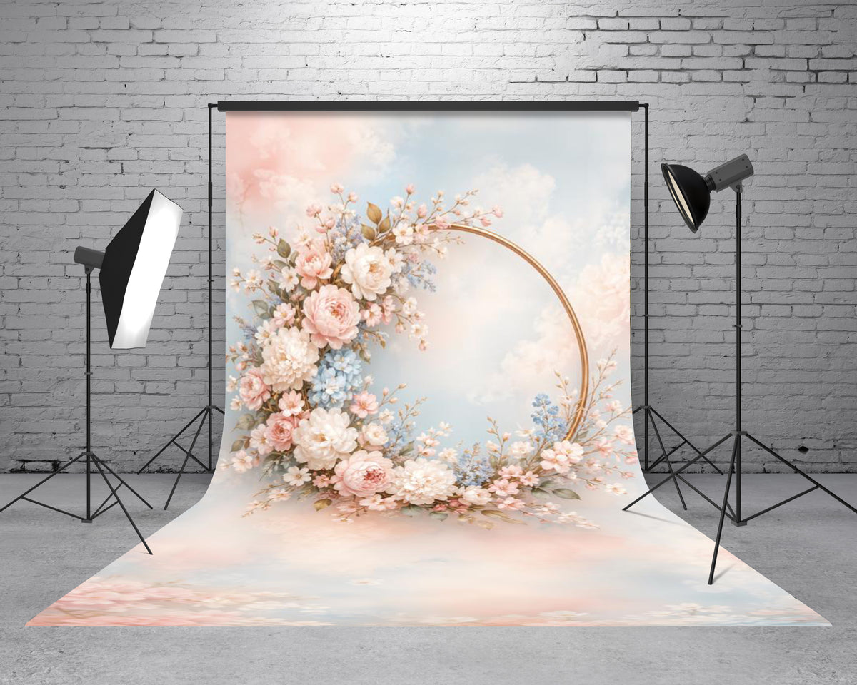 Kate Sweep Fine Art Floral Wreath Gold Hoop Clouds Printed Backdrop Designed by Emetselch