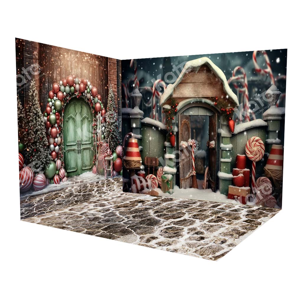 Kate Christmas Candy Green Door Stone Road Snow Room Set(8ftx8ft&10ftx8ft&8ftx10ft)