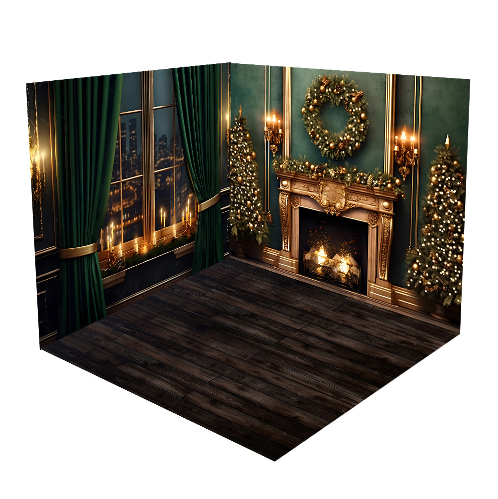 Kate Christmas Fireplace City Night Green Room Set(8ftx8ft&10ftx8ft&8ftx10ft)