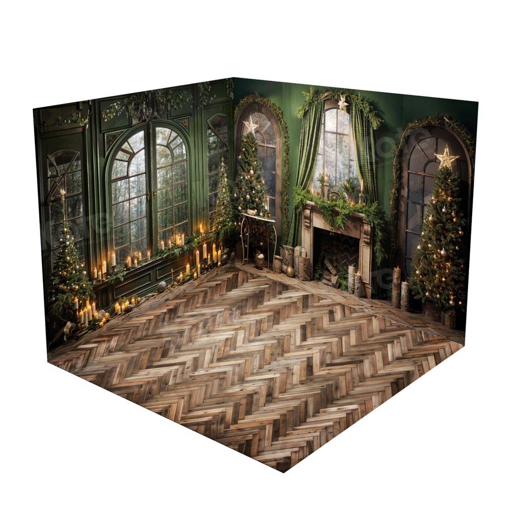 Kate Christmas Fireplace Window Green Room Set(8ftx8ft&10ftx8ft&8ftx10ft)