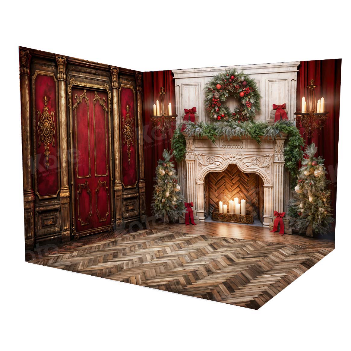 Kate Christmas Victorian Red Wall Fireplace Room Set(8ftx8ft&10ftx8ft&8ftx10ft)