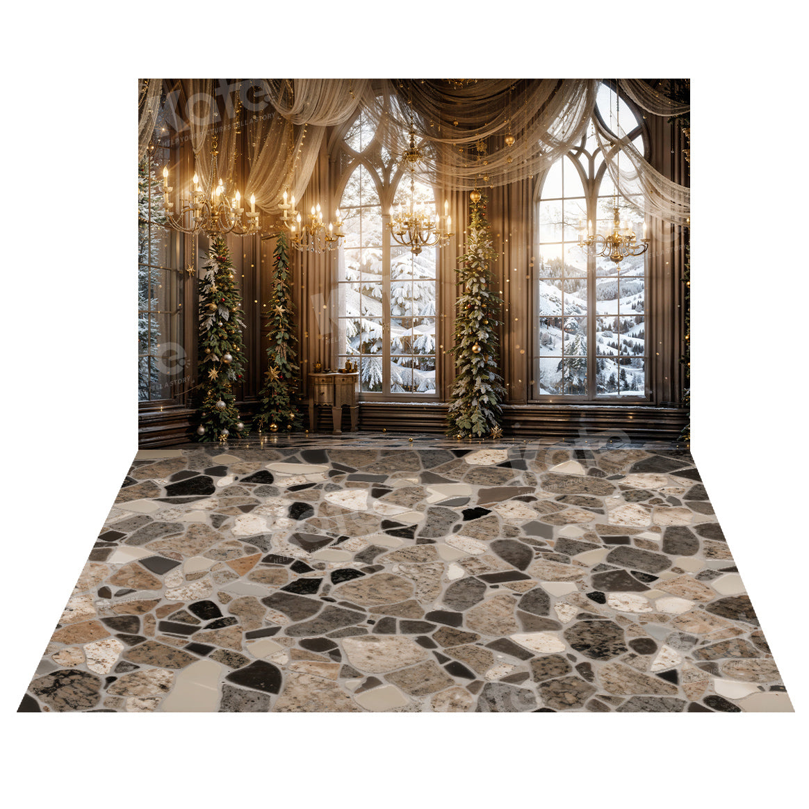 Kate Christmas Window Elegant Room Backdrop+ Marble Floor Tiles Backdrop