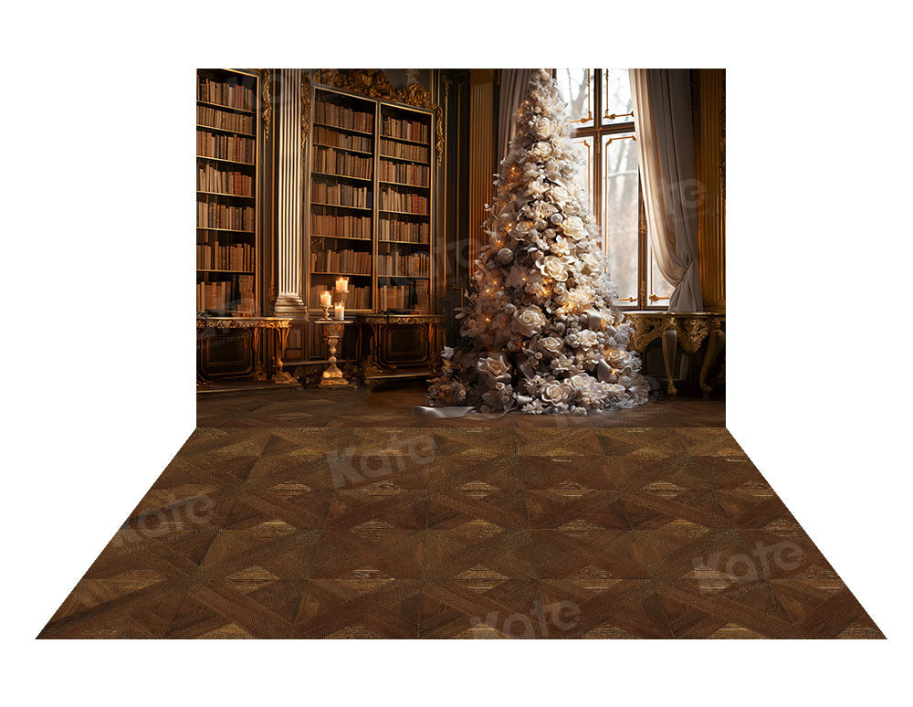 Kate Big Christmas Tree Book Wall Room Backdrop+Dark Brown Diamond Floor Backdrop