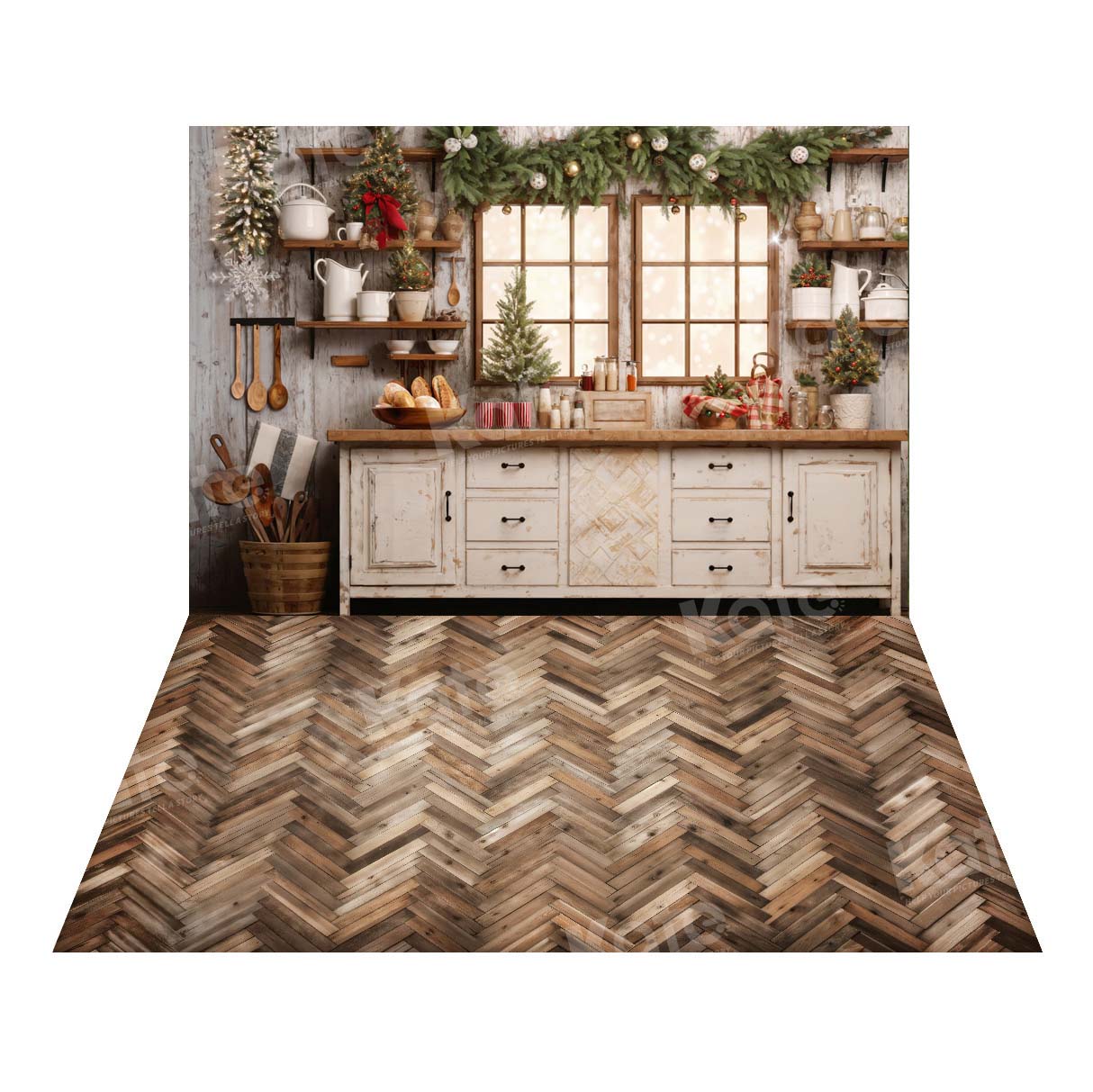 Kate White Christmas Kitchen Backdrop+Brown Wood Herringbone Floor Backdrop
