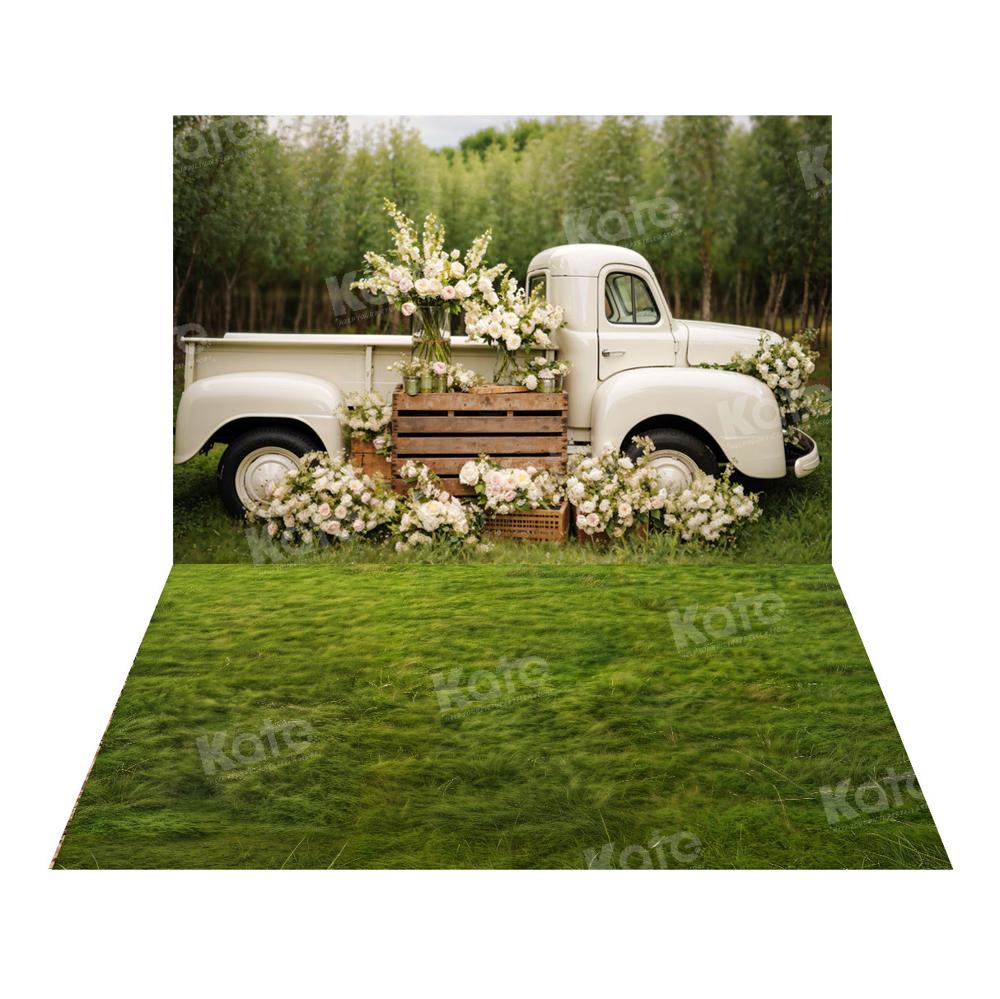 Kate Spring White Flowers Truck Backdrop+Spring Grass Floor Backdrop