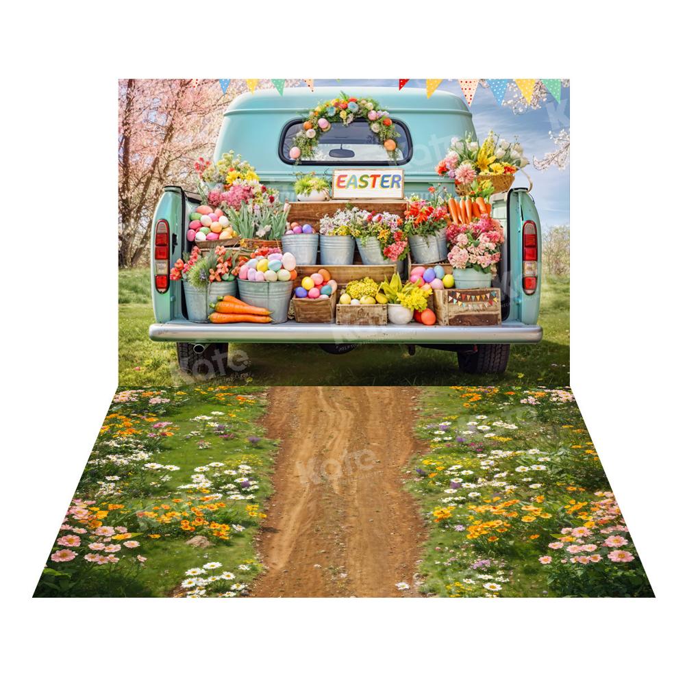 Kate Easter Truck Green Plant Backdrop+Spring Flowers Field Path Floor Backdrop