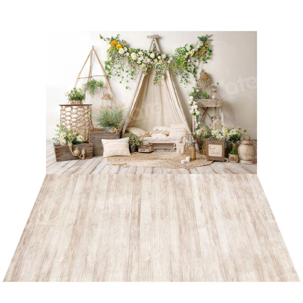 Kate Boho Green Plant Sofa Room Backdrop+Vertical Grain Wooden Floor Backdrop