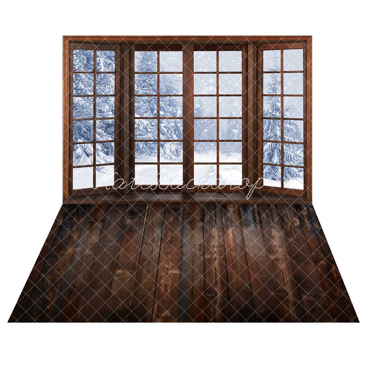 Kate Winter Snow Wood Door Backdrop+Brown Wood Floor Backdrop