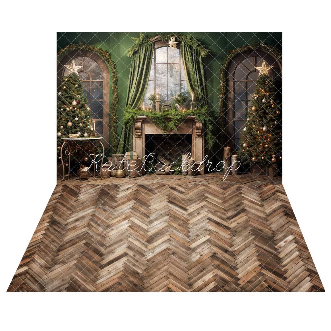 Kate Christmas Green Fireplace Curtain Backdrop+Brown Wood Herringbone Floor Backdrop