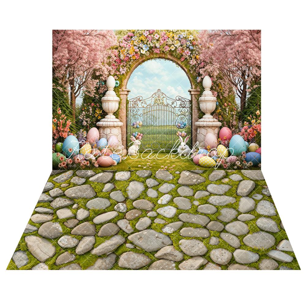 Kate Easter Bunny Colorful Eggs Flowers Arch Backdrop+Spring Grass Stone Floor Backdrop