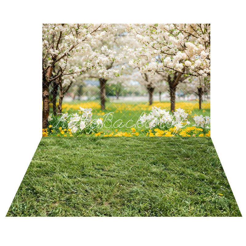 Kate Spring Flowers Meadow Woods Printed Backdrop+Spring Green Grass F