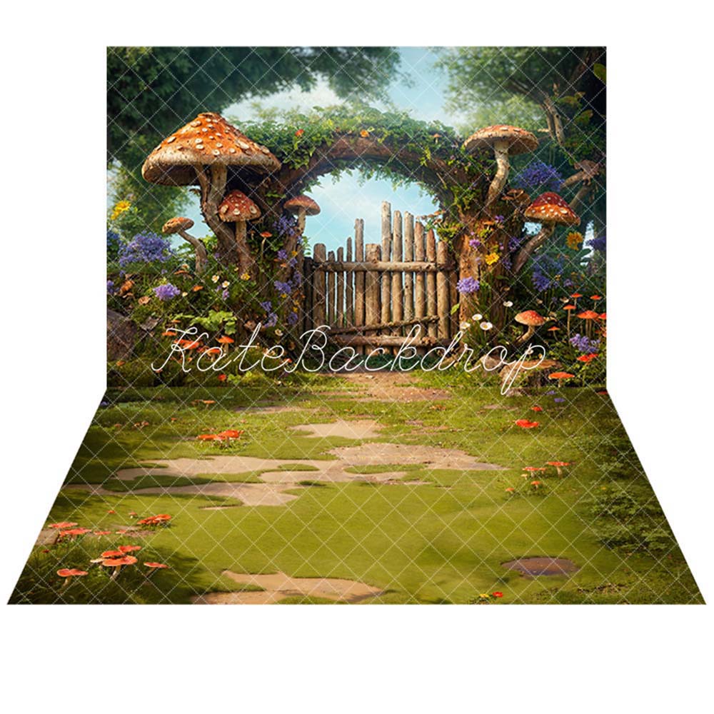 Kate Spring Fairytale Wooden Arch Mushroom Backdrop +Spring Fantasy Mushroom Forest Meadow Floor Backdrop