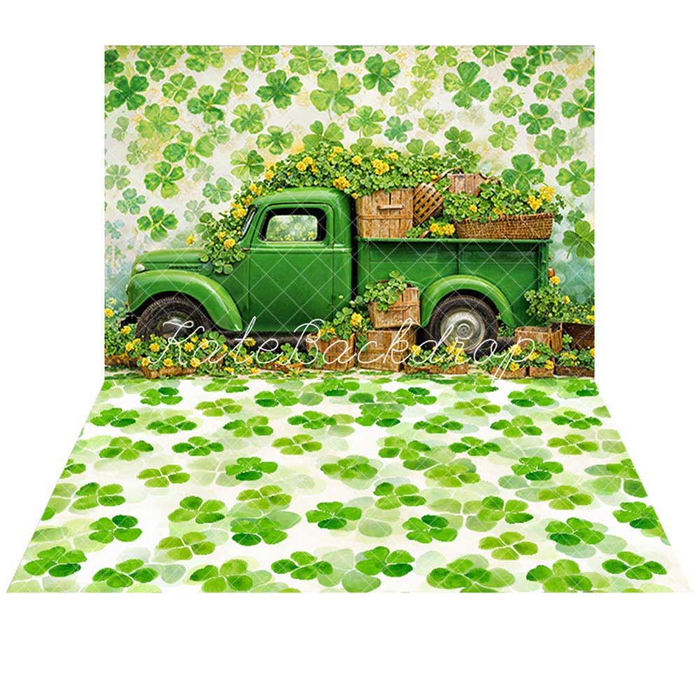 Kate St. Patrick’s Day Clover Green Truck Backdrop +St. Patrick's Day Light Green Clover Floor Backdrop