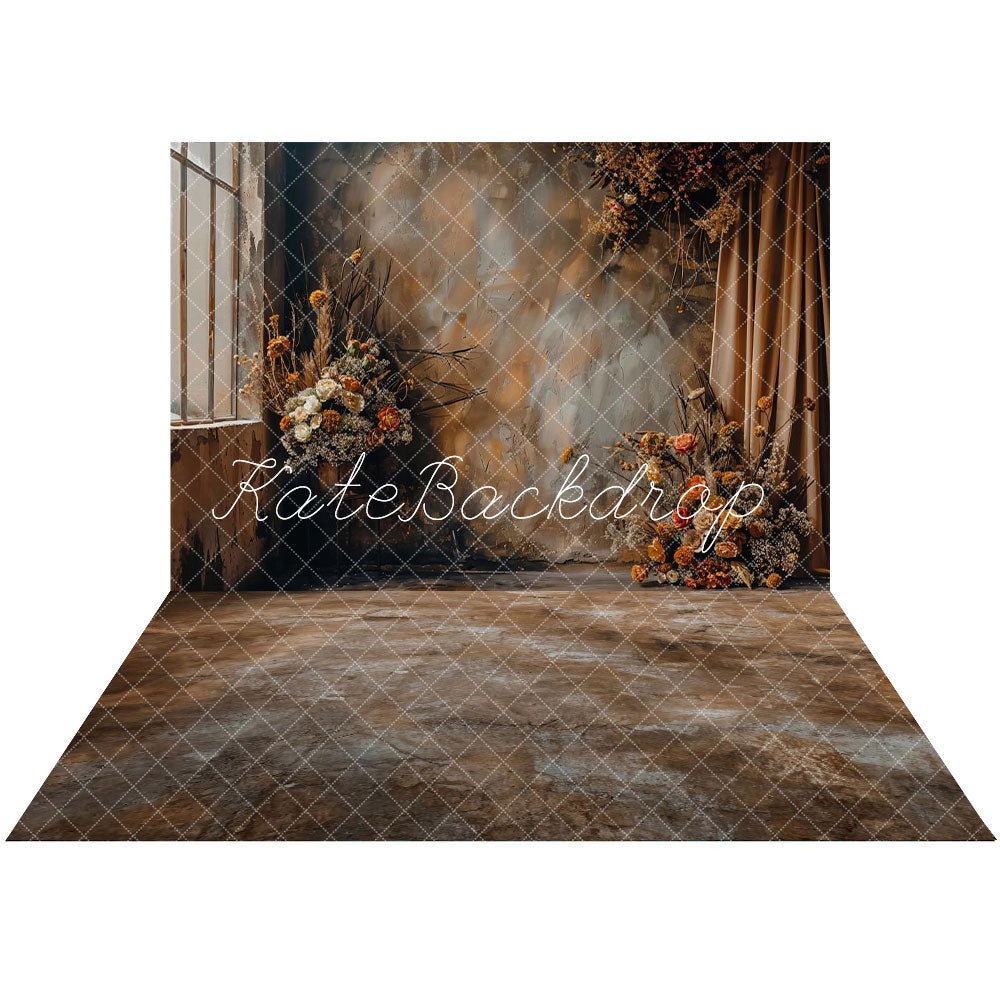 Kate Boho Abstract Dark Brown Indoor Floral Curtain Wall Backdrop+Abstract Brown Gradient Texture Floor Backdrop