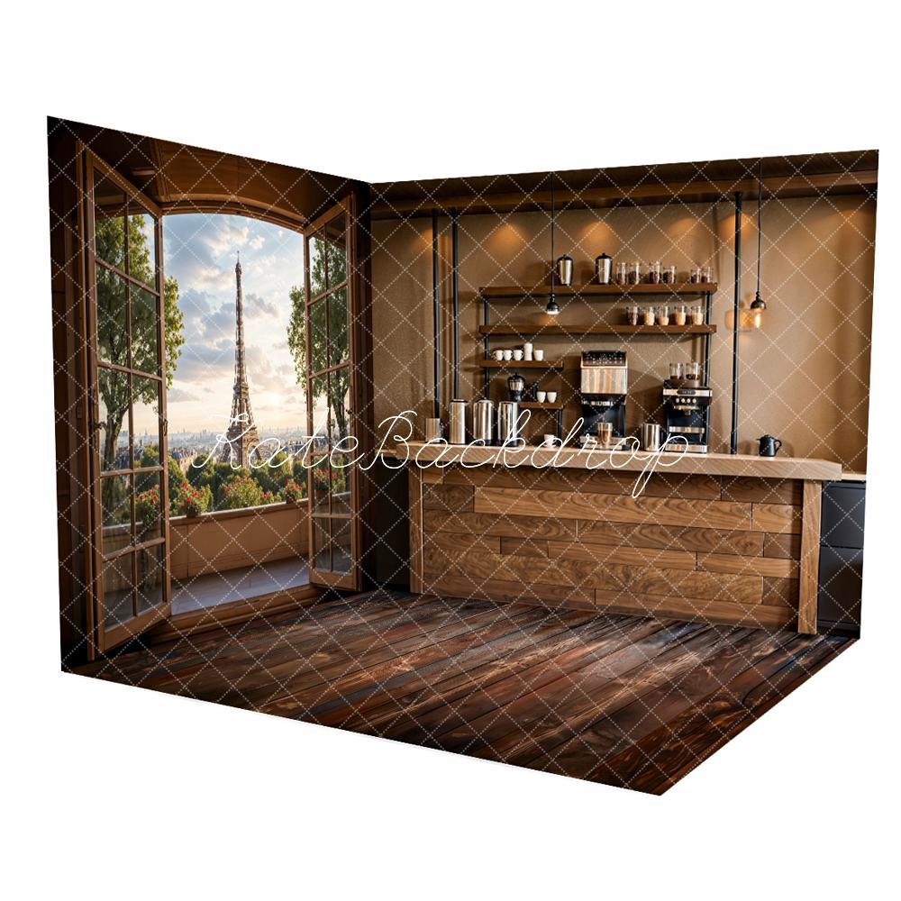 Kate Modern Elegant Brown Wood Grain Bar Counter Wall Room Set