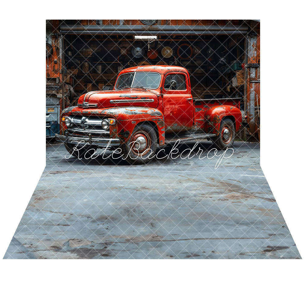 Kate Rusty Old Garage Red Truck Backdrop+Abstract Texture Grey Blue Gradient Floor Backdrop