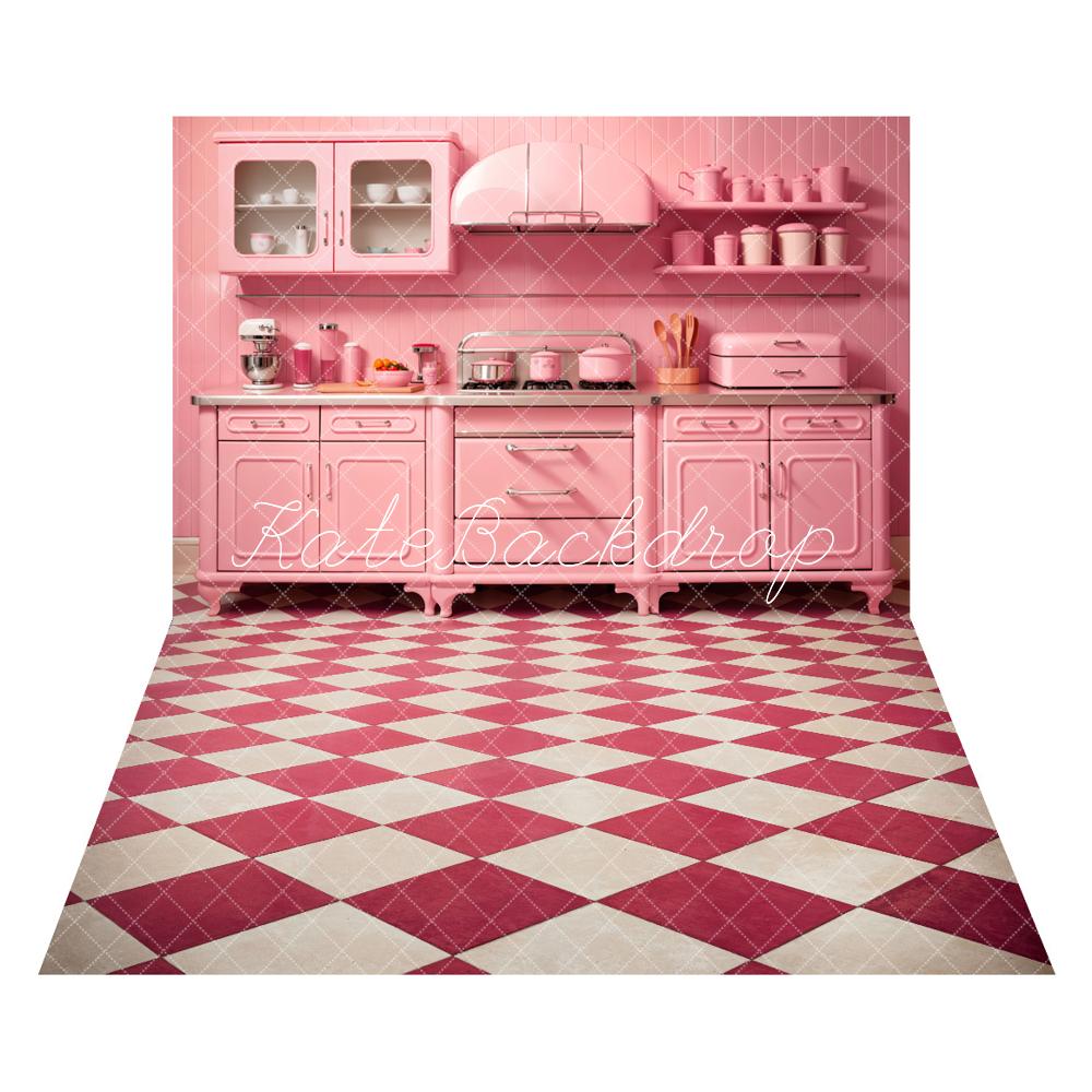 Kate Pink Modern Kitchen Backdrop+Vintage Classic Red and White Plaid Floor Backdrop