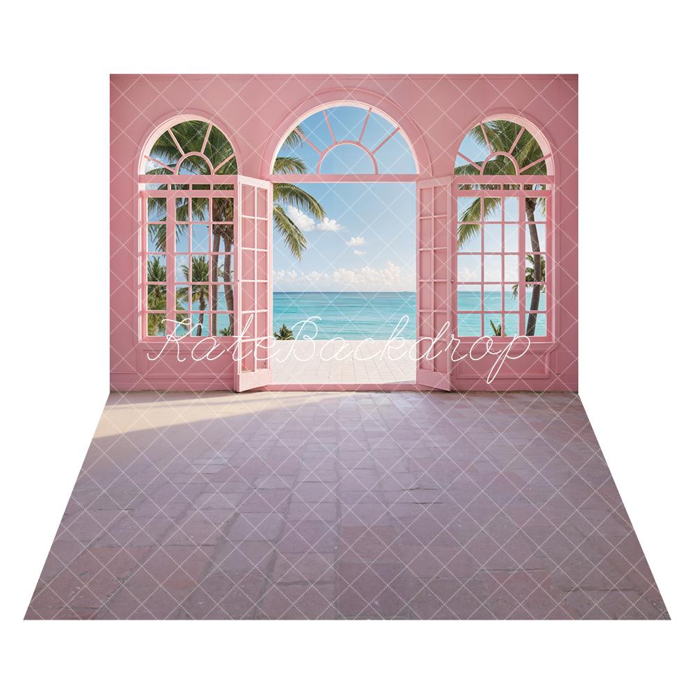 Kate Summer Sea Beach Green Tree Blue Sky White Cloud Pink Arched Window and Door Backdrop+Dark Gray Brick Path Floor Backdrop