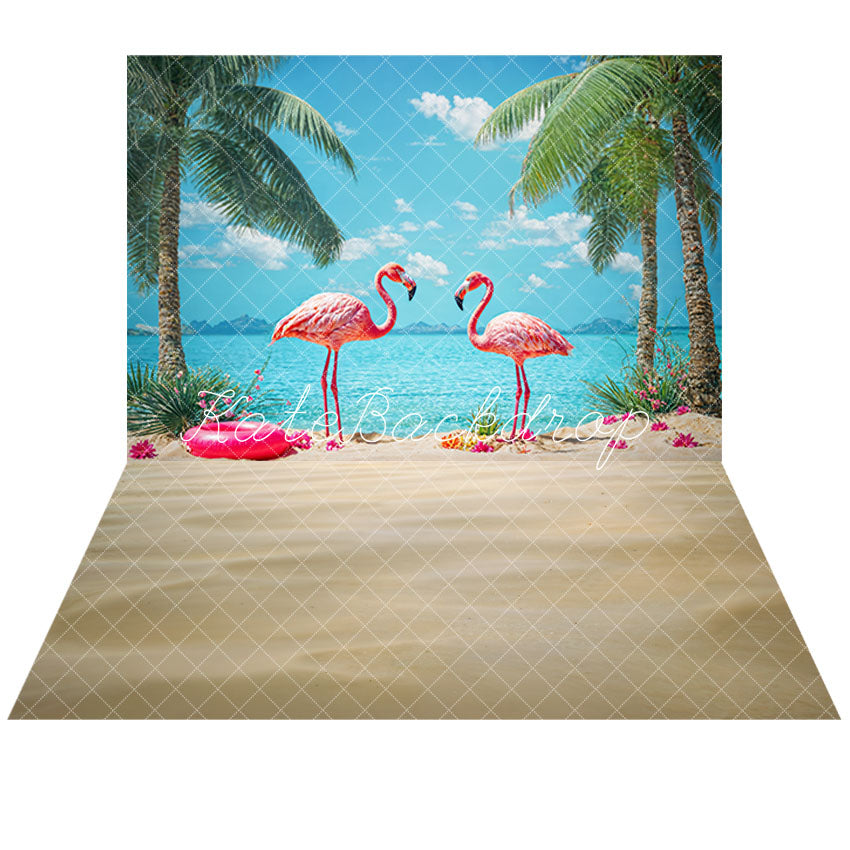 Kate Summer Tropical Seaside Blue Sky White Cloud Beach Green Tree Red Flower Pink Flamingo Backdrop+Summer Beige Sand Beach Floor Backdrop