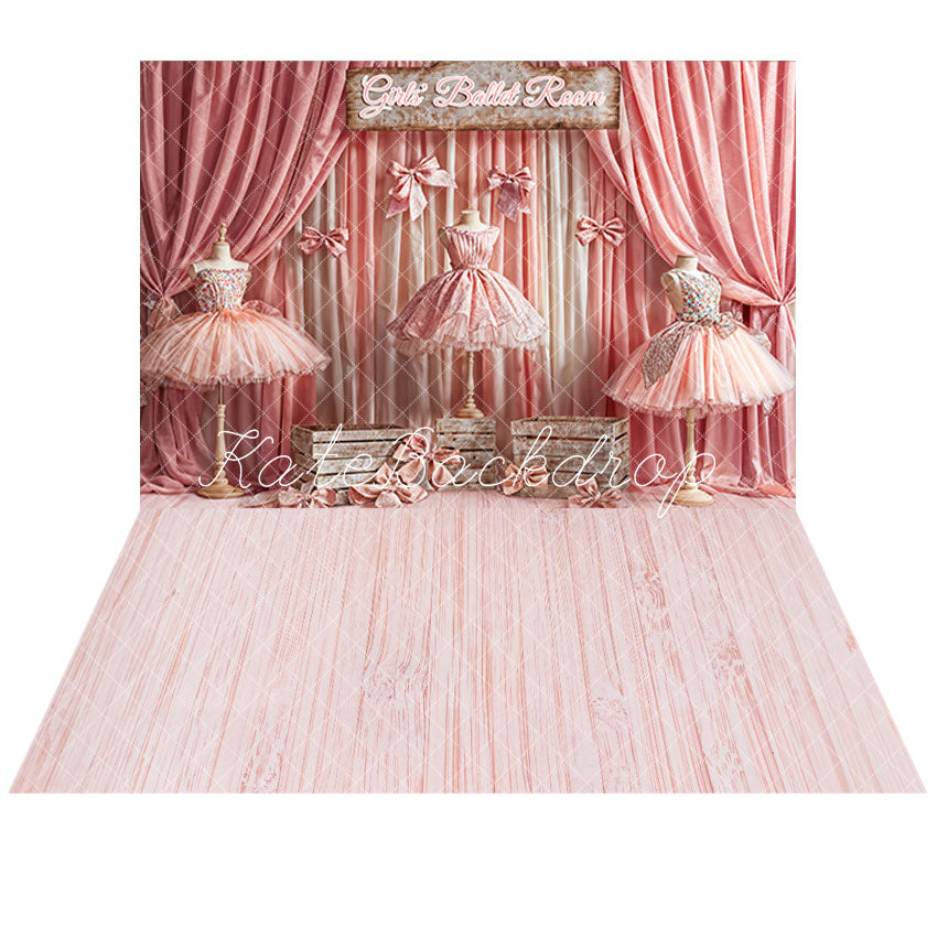 Kate Pink Girls' Ballet Room Sign Dance Dress Gradient Curtain Backdrop+Pink Pinstripe Wood Floor Backdrop