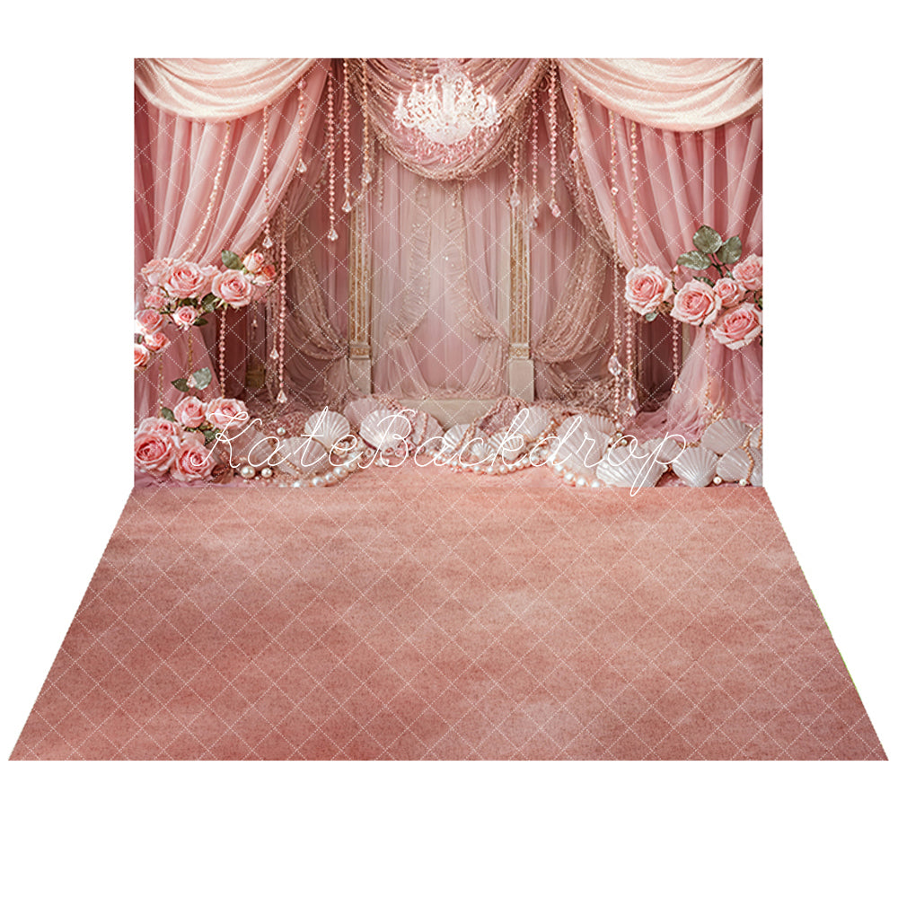 Kate Pink Rose Retro Crystal Mermaid Shell Pearl Soft Curtain Backdrop+Pink and White Gradient Floor Backdrop