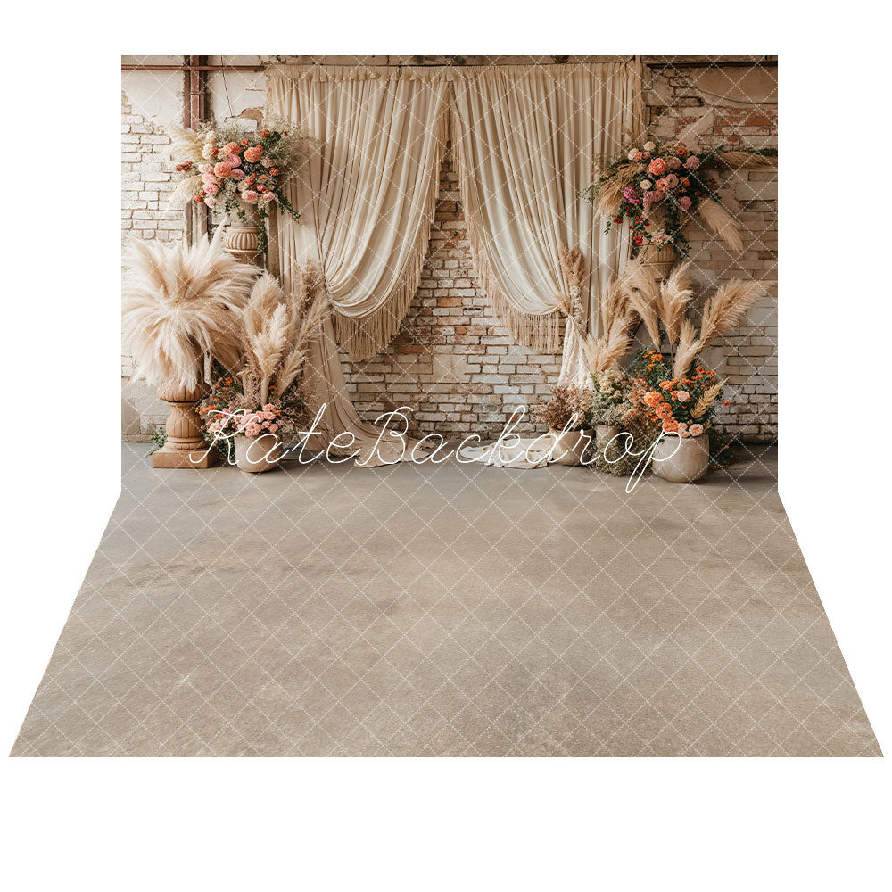 Kate Boho Reed Pink White Flower Beige Curtain Brick Wall Backdrop+Light Brown Floor Backdrop