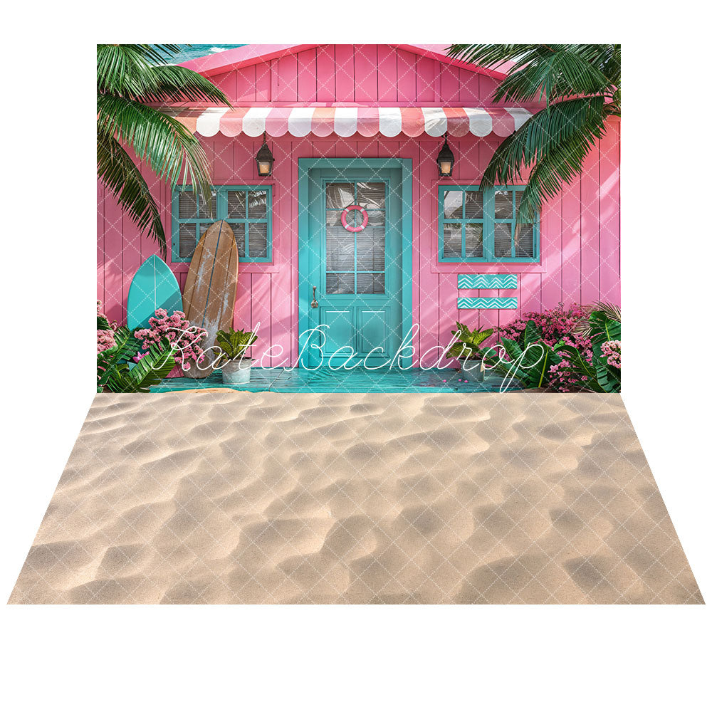 Kate Summer Sea Green Tree Wooden Door Window Flower Surfboard Pink White Beach House Backdrop+Beige Soft Sand Beach Floor Backdrop