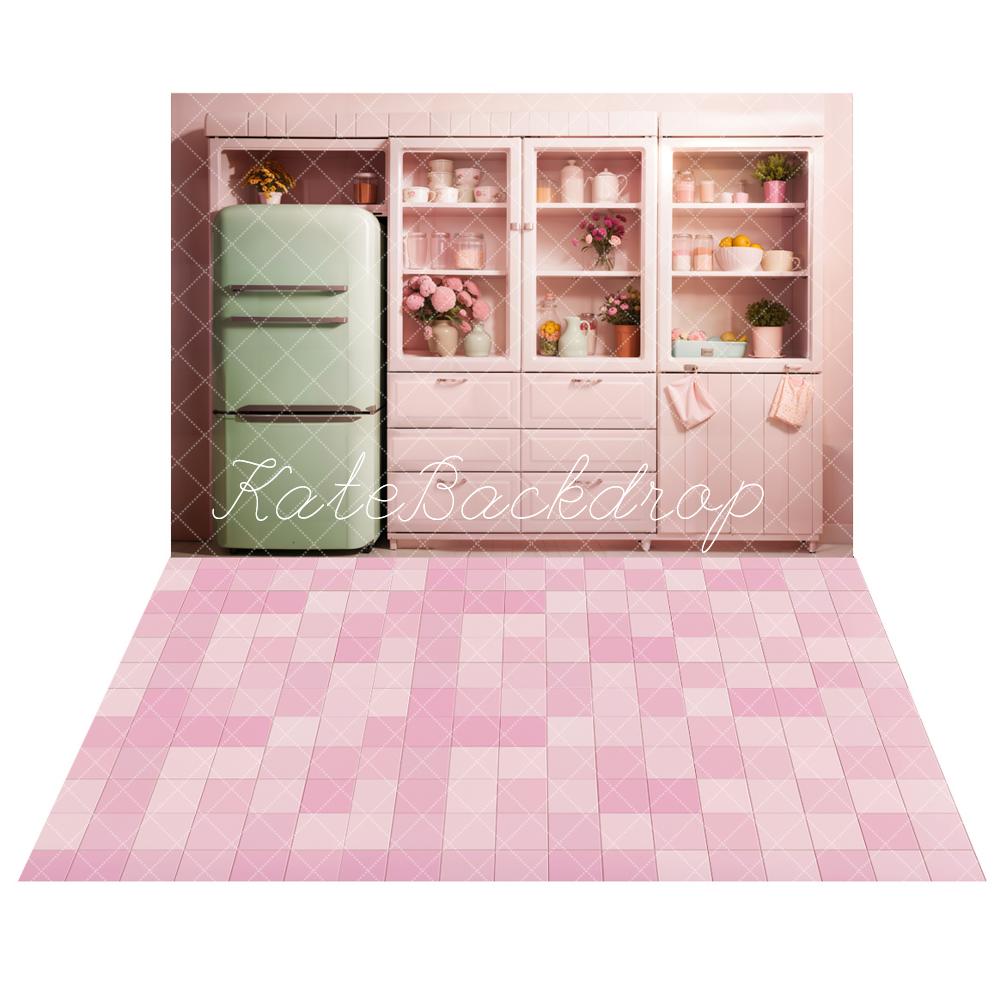 Kate Fantasy Green Refrigerator Pink Cabinet Modern Kitchen Backdrop+Retro Pink and White Gradient Plaid Floor Backdrop