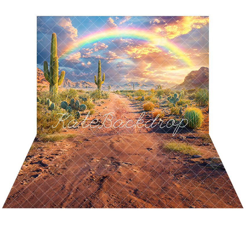 Kate Fantasy Bokeh Desert Cactus Rainbow Mountain Cloud Sandy Road Backdrop+Desert Green Plant Dark Brown Wet Sandy Road Floor Backdrop