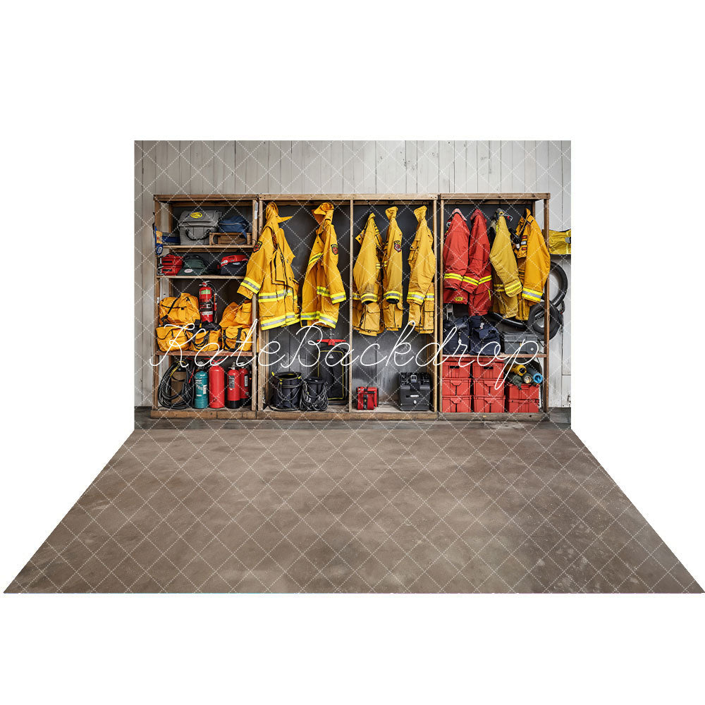 Kate Fire Fighting Lounge Closet Red and Yellow Clothes Tool Wood Striped Wall Backdrop+Dark Grey Gradient Floor Backdrop