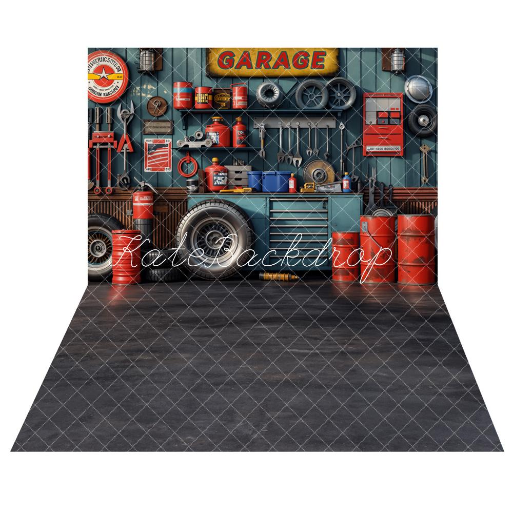 Kate Modern Tool Holder and Tires Red Tanker Garage Backdrop+Abstract Black Gradient Texture Floor Backdrop