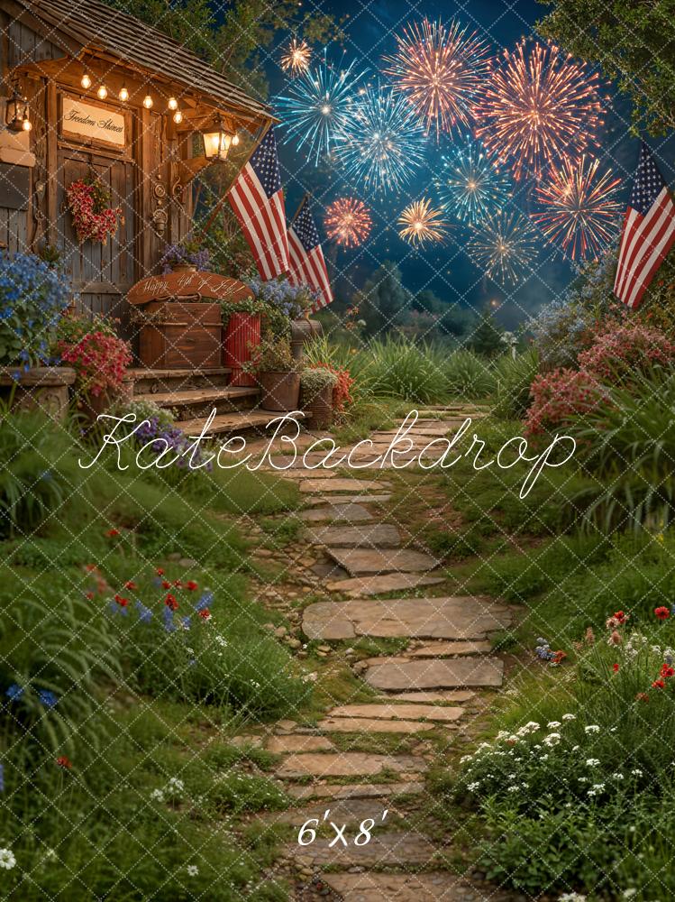 Kate 4th of July Patriotic Fireworks Porch Garden American Flags Printed Backdrop Designed by Emetselch