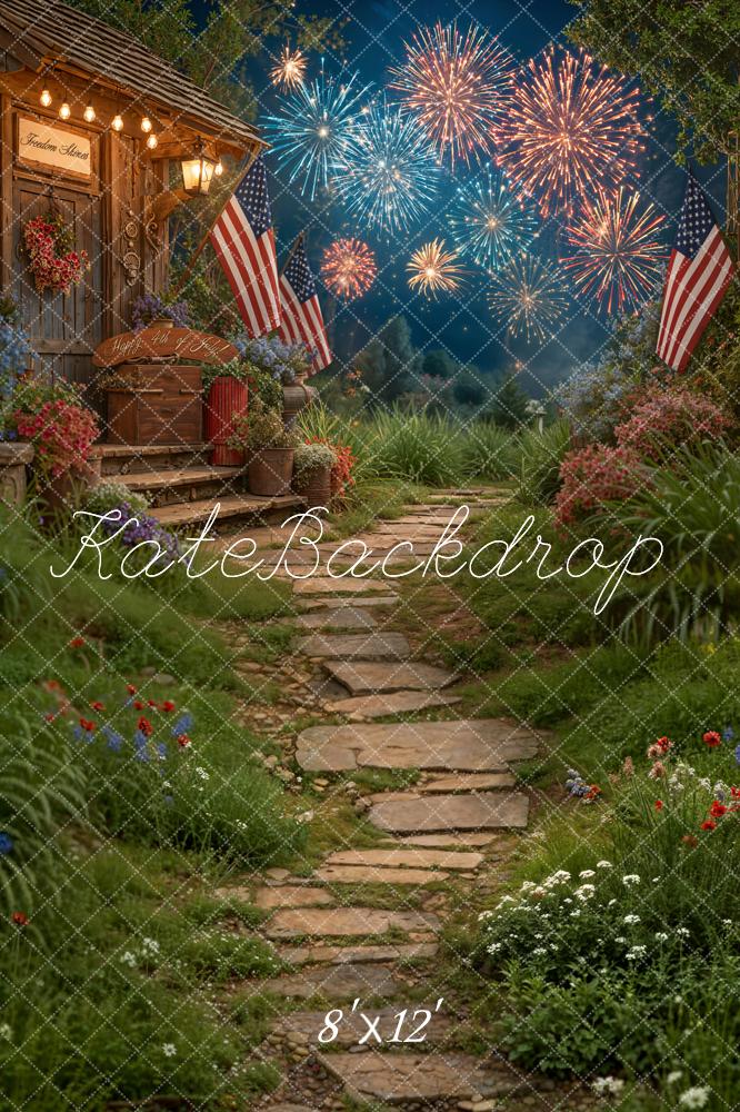 Kate 4th of July Patriotic Fireworks Porch Garden American Flags Printed Backdrop Designed by Emetselch