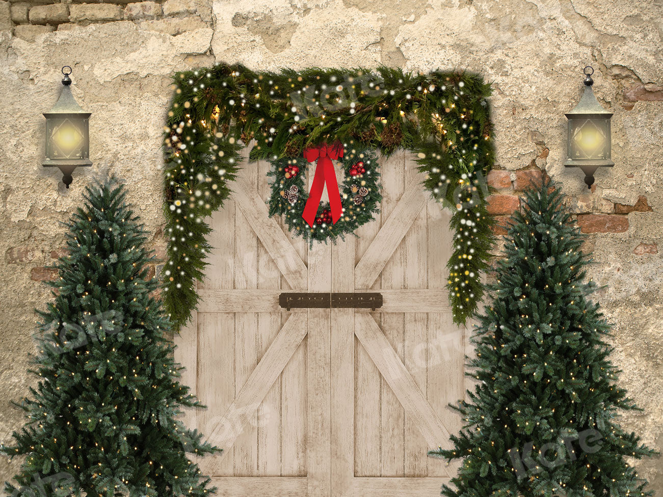 RTS Kate Christmas Backdrop Brick Wall Door & Xmas Trees Designed By JS Photography