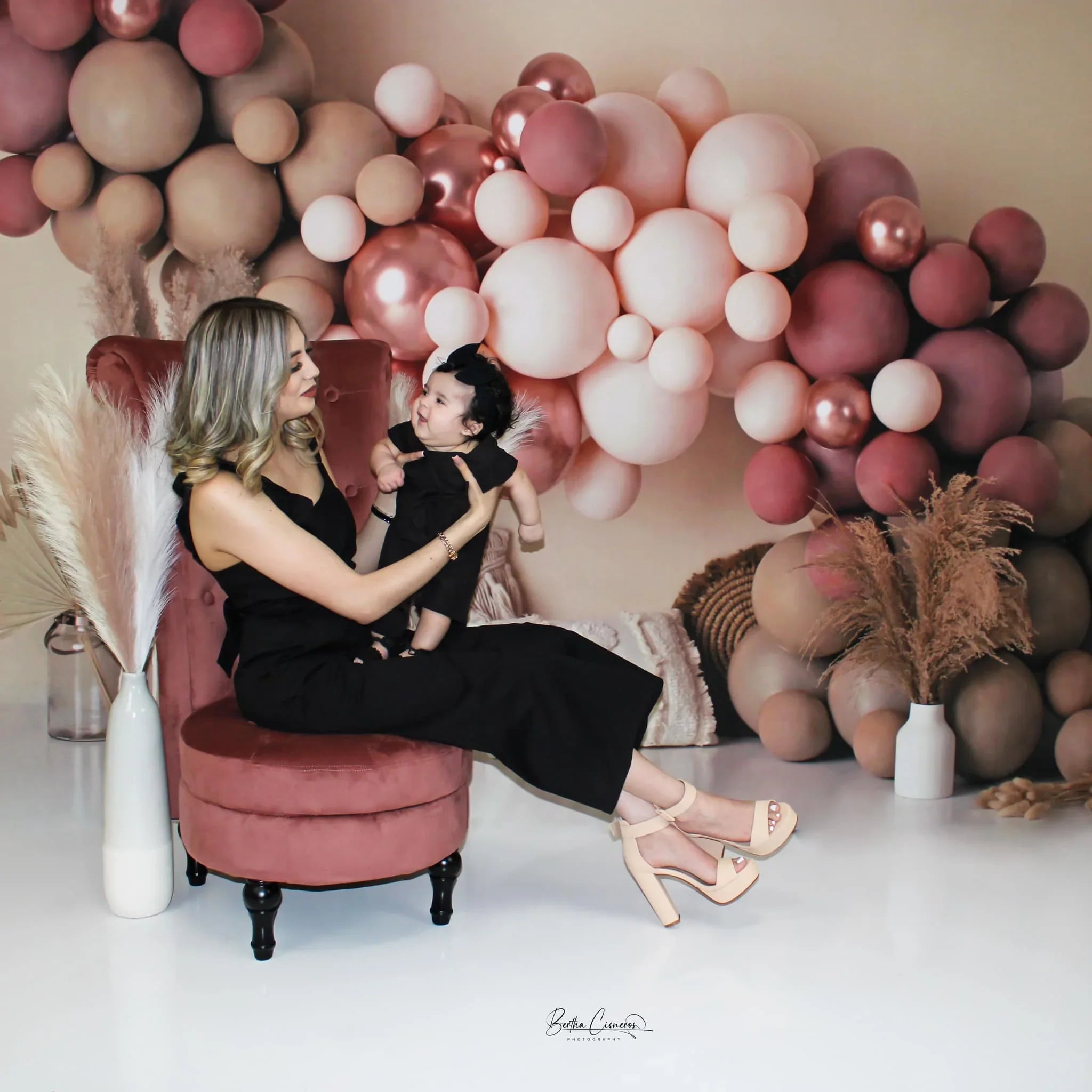 Kate 7x5ft Boho Balloons Backdrop Macrame Pillows Matte Pink Designed by Mandy Ringe Photography (only ship to Canada)