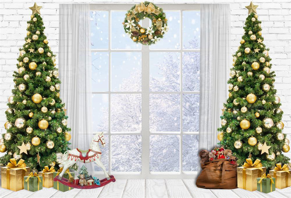 Kate Winter Christmas Backdrop White Window Xmas Tree for Photography (Clearance US only)