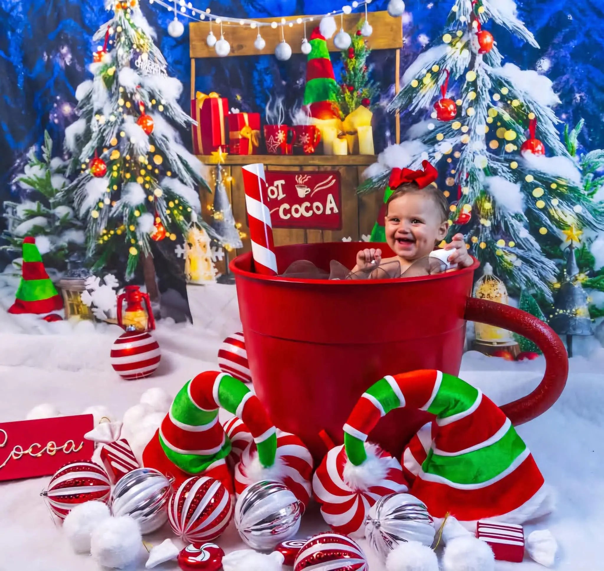 Kate Christmas Backdrop Hot Cocoa Red Green Elf Hat Designed by Emetselch