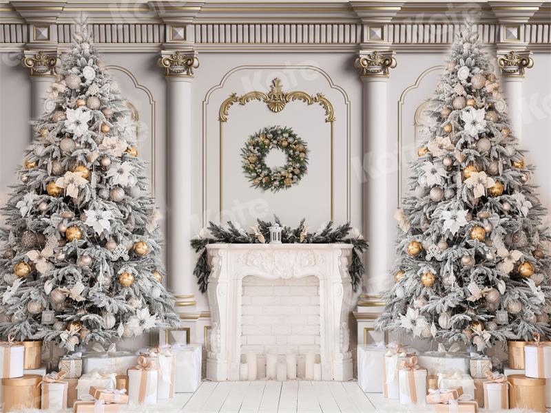 Kate Christmas Backdrop Elegant Wall Trees Fireplace for Photography (only ship to Canada)
