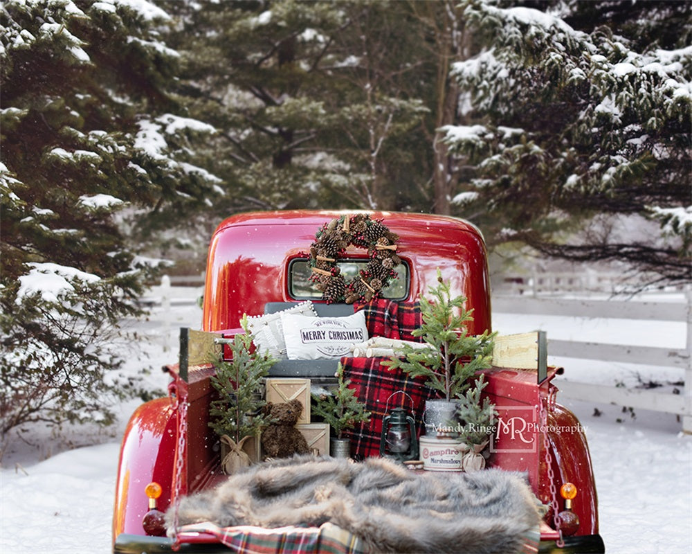 Kate Red Christmas Truck in Snow Backdrop Designed by Mandy Ringe Photography (only ship to Canada)