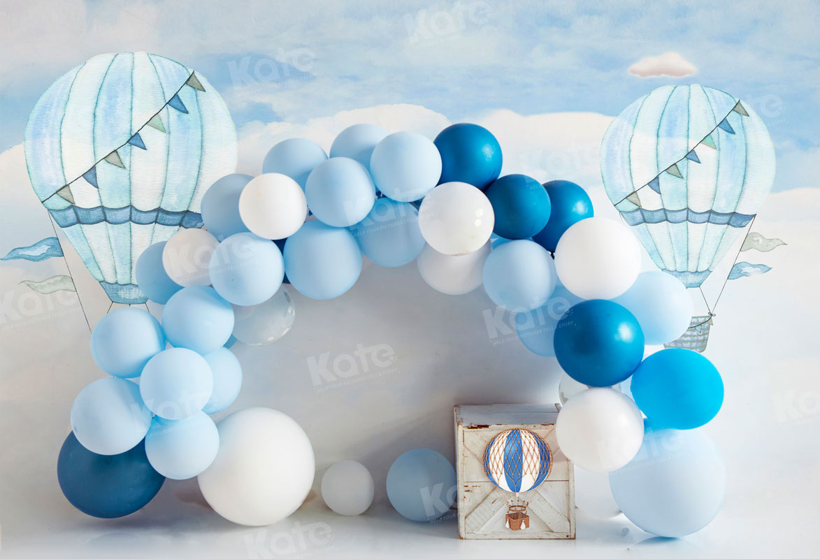 Kate Hot Air Blue Balloon Arch Cake Smash Fleece Backdrop for Photography