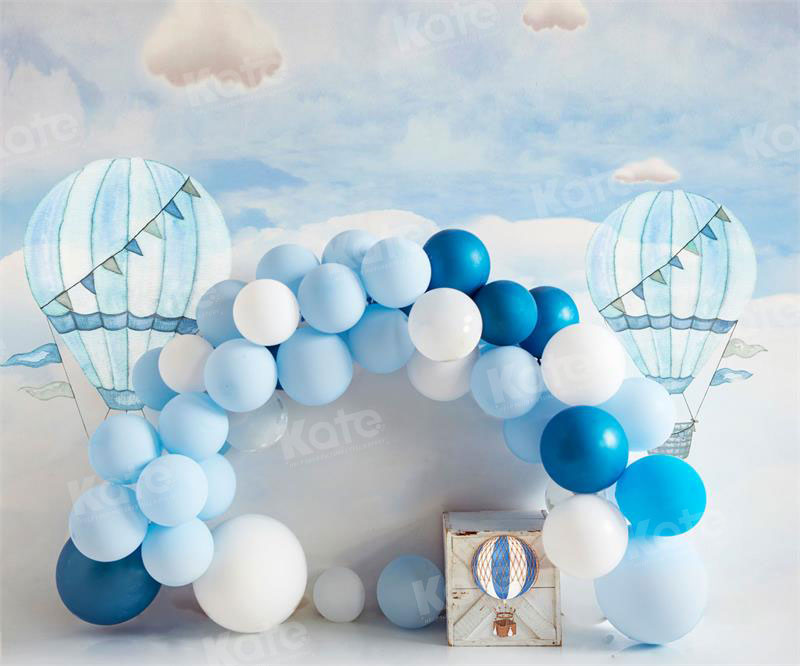 Kate Hot Air Blue Balloon Arch Cake Smash Fleece Backdrop for Photography