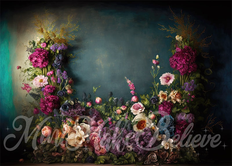 Kate Spring Fine Art Oil Painterly Floral Dark Teal Fleece Backdrop Designed by Mini MakeBelieve