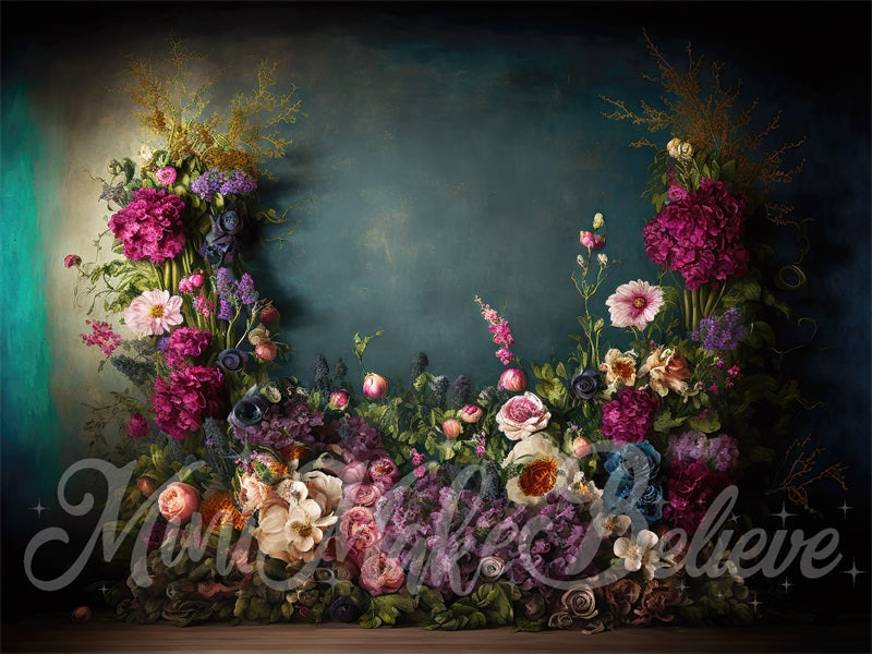 Kate Spring Fine Art Oil Painterly Floral Dark Teal Backdrop Designed by Mini MakeBelieve (only ship to Canada)