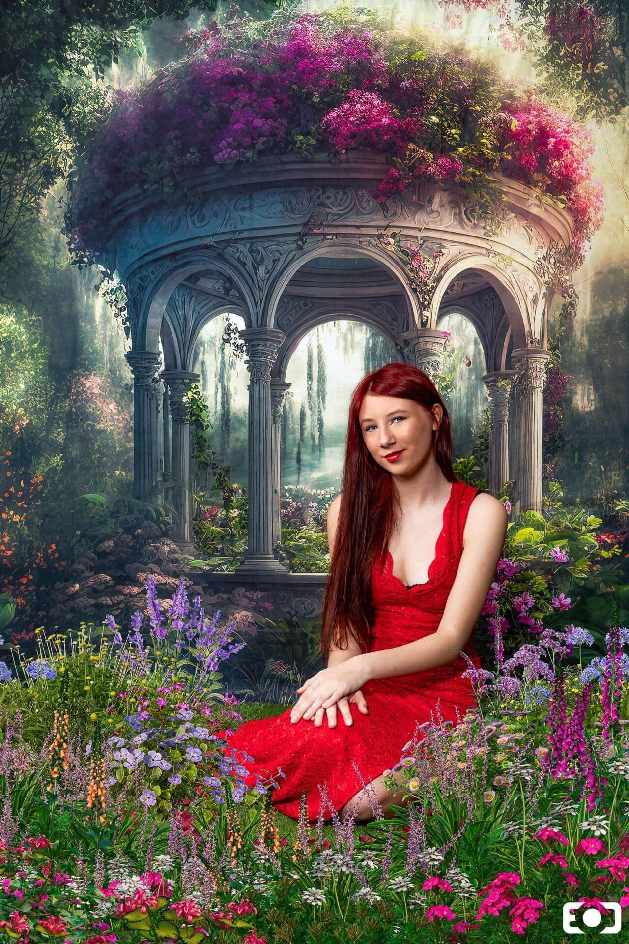 Kate Enchanted Gazebo Spring Fantasy Flower Garden Fleece Backdrop Designed by Candice Compton