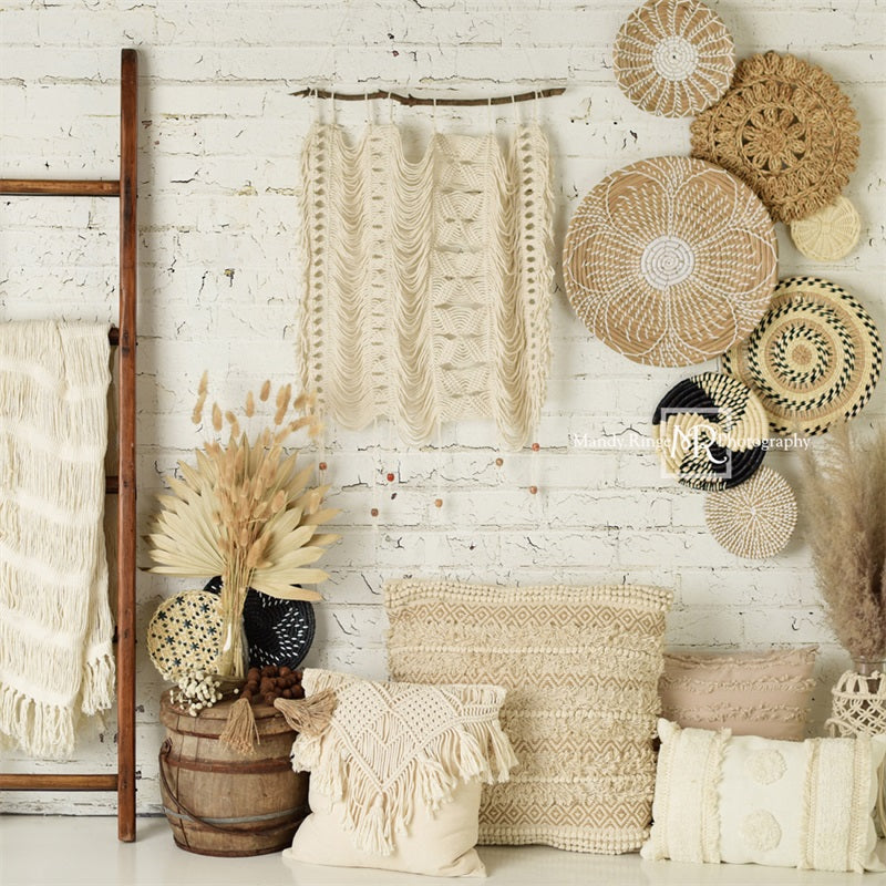RTS Kate Boho Macrame Wall with Baskets and Ladder Backdrop Designed by Mandy Ringe Photography