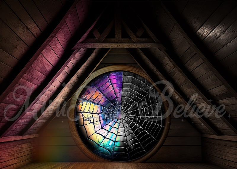 Kate Spooky Halloween Attic Dorm Room Colorful Spiderweb Window Fleece Backdrop Designed by Mini MakeBelieve
